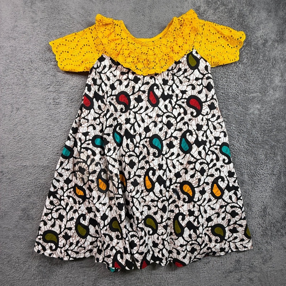 Handmade African Wax Print Dress Yellow Eyelet Lace Trim Swing Style Small S